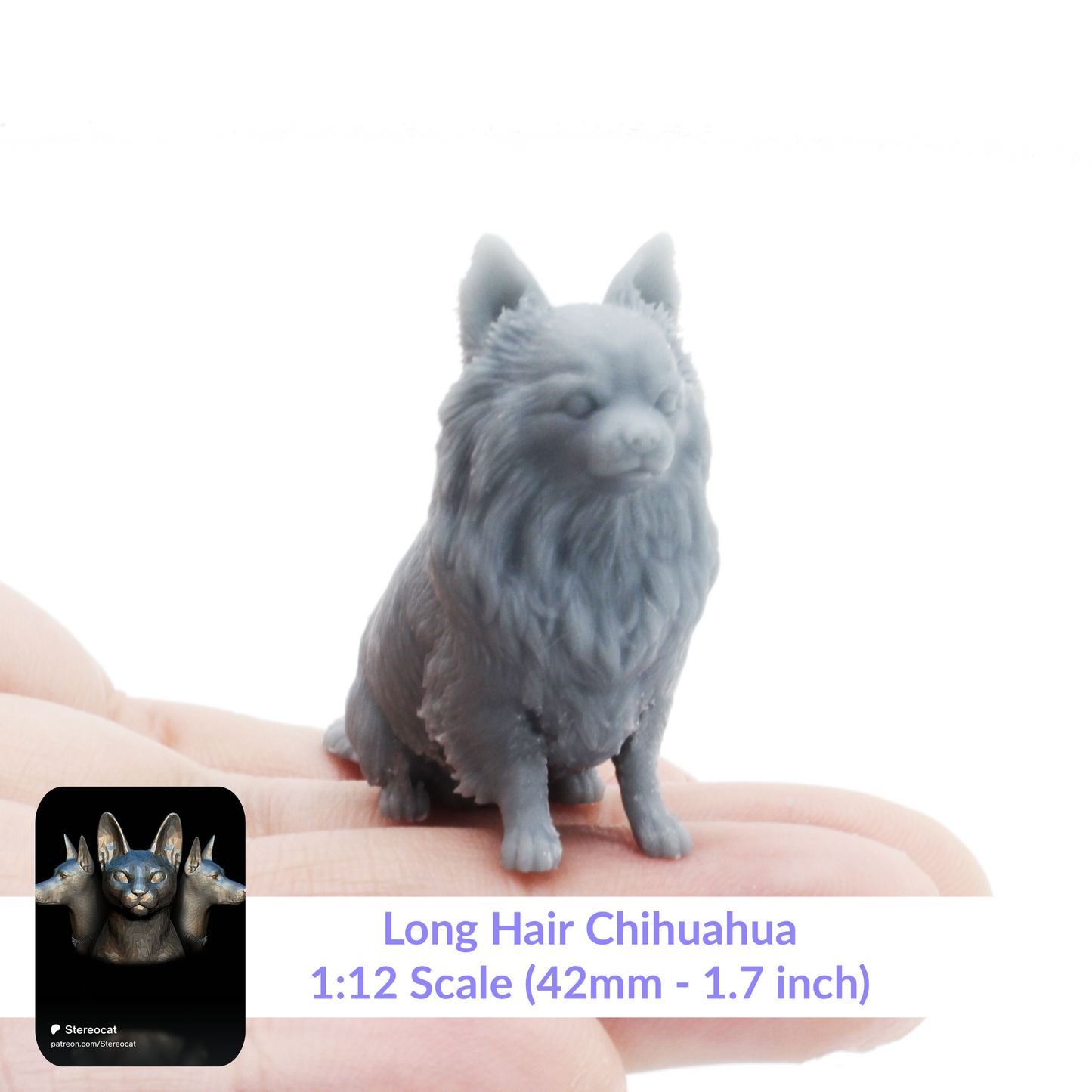 Chihuahua - 1:12 Scale Long Hair Sitting miniature dog for dollhouse, diorama by Stereocat (1 dog)