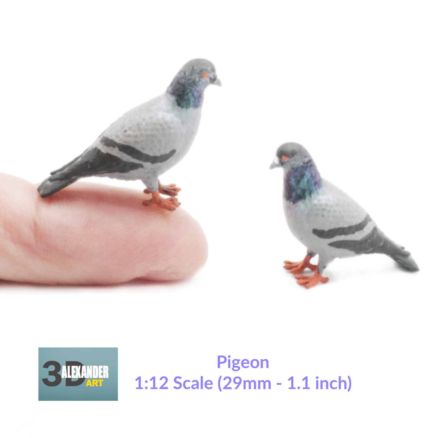 Pigeon - 1:12 Scale miniature bird figurine by Alexander Kuzmenko (2 pieces)